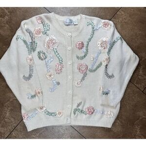 Vintage Whimsical Embroidered Floral Ribbon Knit Cardigan Sweater Cottagecore